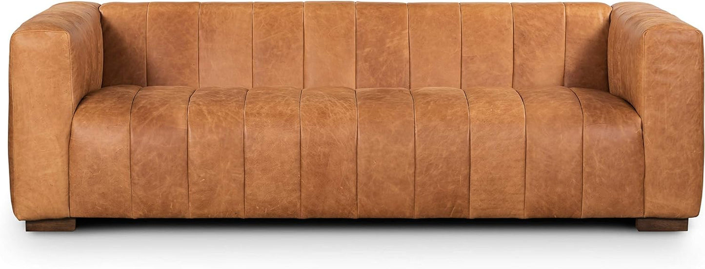 Canale 86-Inch Cognac Tan Italian Leather Sofa – Full-Grain Channel-Tufted Luxury Couch with Solid Wood Frame