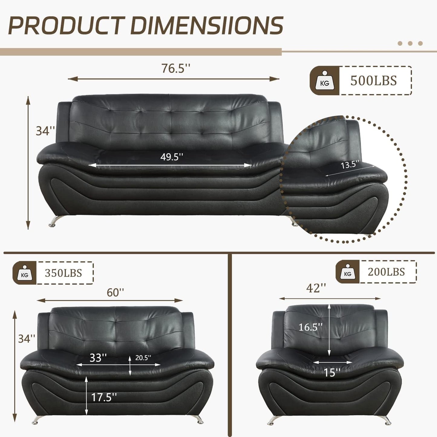 3 Piece Faux Leather Sofa Set For Living Room - Office Waiting Room - Black 3 Seater Sofa Loveseat Armchair