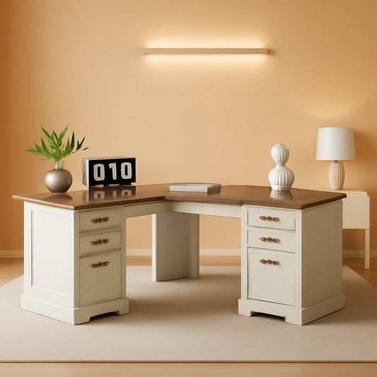 60 Inch Farmhouse L Shaped Desk Antique White With Drawers-0
