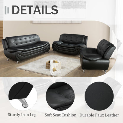 3 Piece Faux Leather Sofa Set For Living Room - Office Waiting Room - Black 3 Seater Sofa Loveseat Armchair