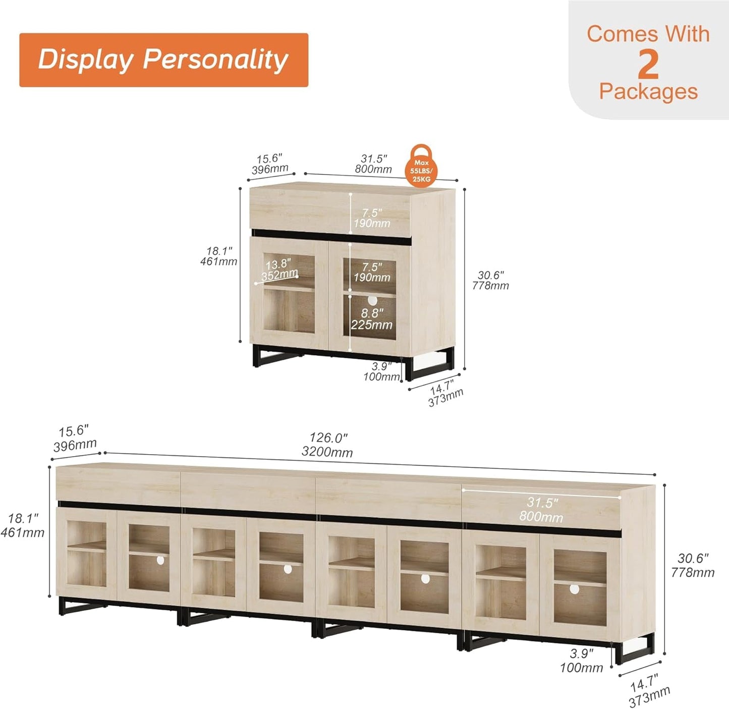 Natural Oak Sideboard Cabinet – Modern Glass Door Buffet