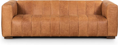 Canale 86-Inch Cognac Tan Italian Leather Sofa – Full-Grain Channel-Tufted Luxury Couch with Solid Wood Frame