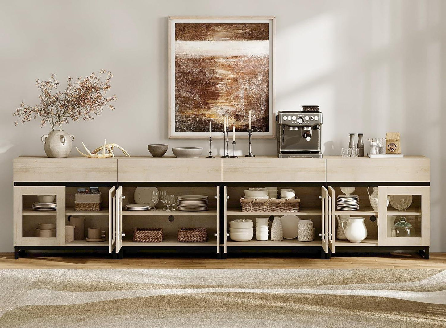 Natural Oak Sideboard Cabinet – Modern Glass Door Buffet