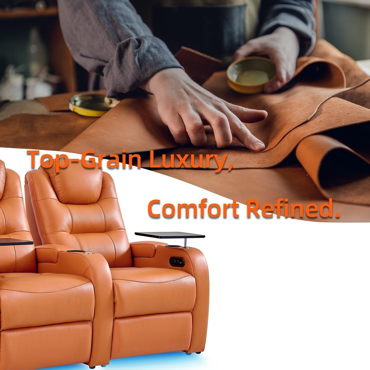 Orange Top-Grain Leather 3-Seat Home Theater Recliner Row – Power Recline with USB Ports, LED Cup Holders & Memory Foam
