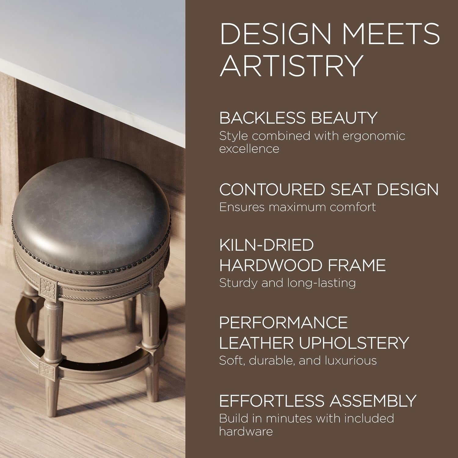 Pullman 31 Inch Tall Bar Height Upholstered Backless Barstool in Reclaimed Oak Finish with Ronan Stone Vegan Leather Cushion Seat-4