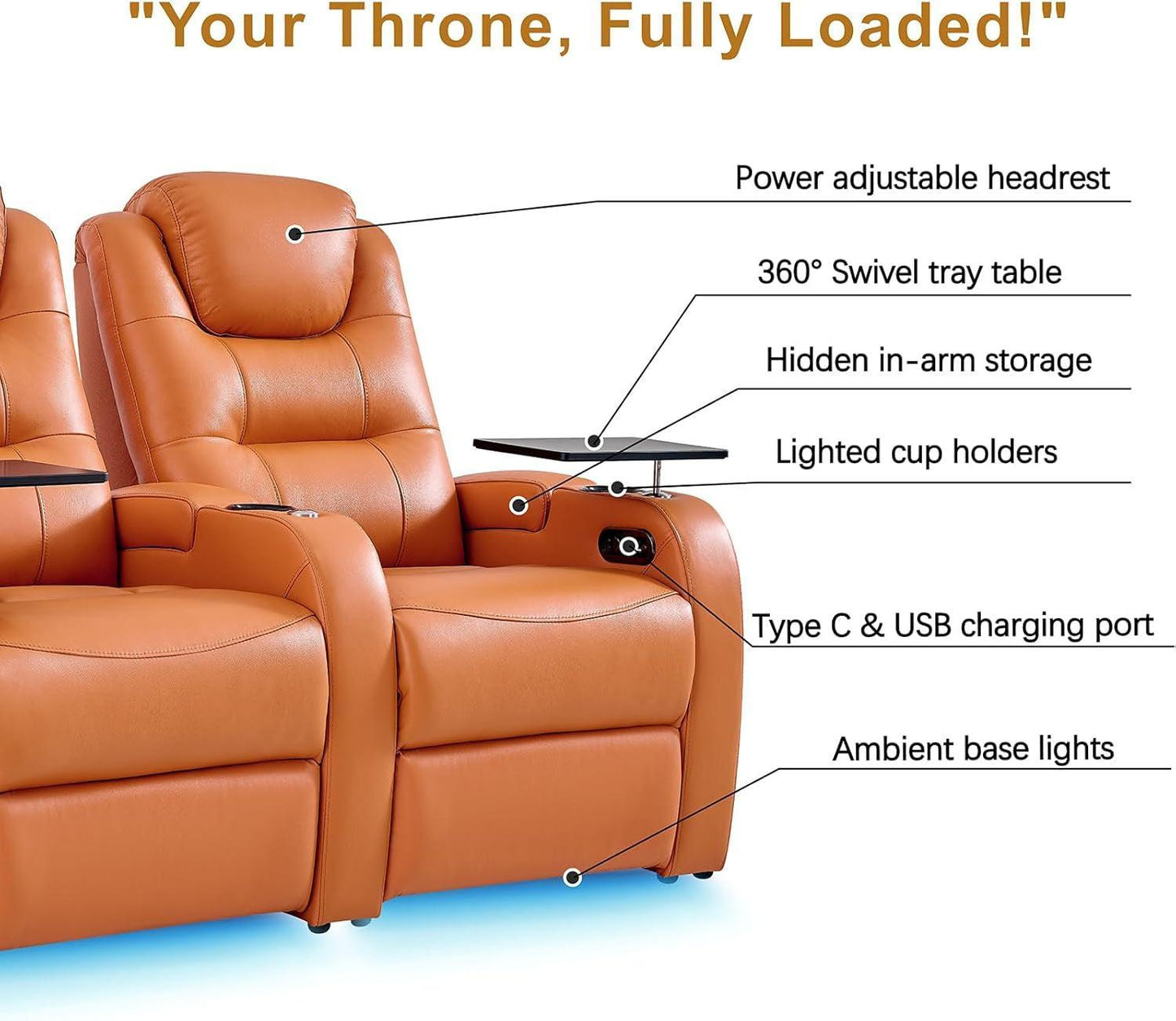Orange Top-Grain Leather 3-Seat Home Theater Recliner Row – Power Recline with USB Ports, LED Cup Holders & Memory Foam