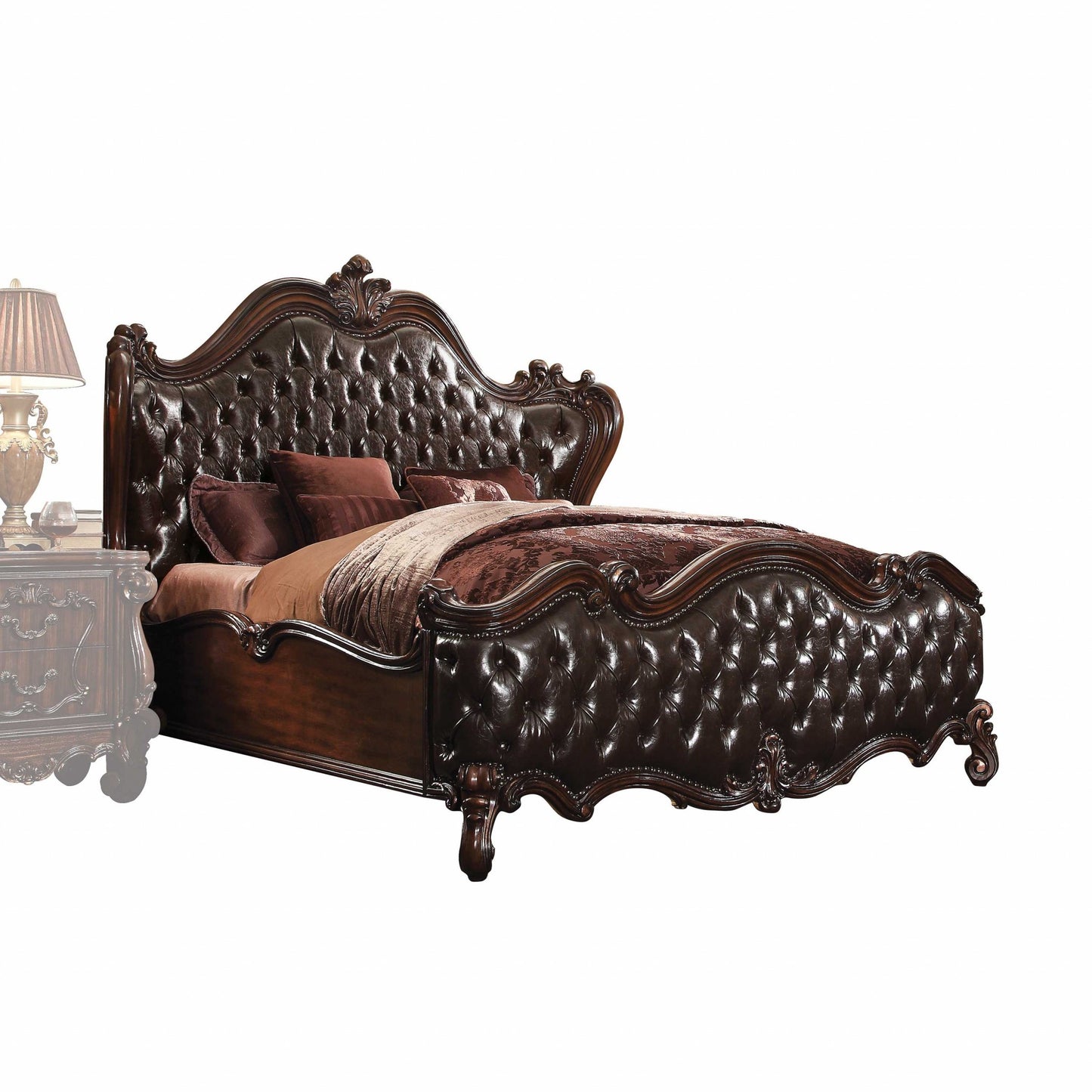 Solid Wood Queen Tufted Dark Brown Upholstered Faux Leather Bed With Nailhead Trim-2