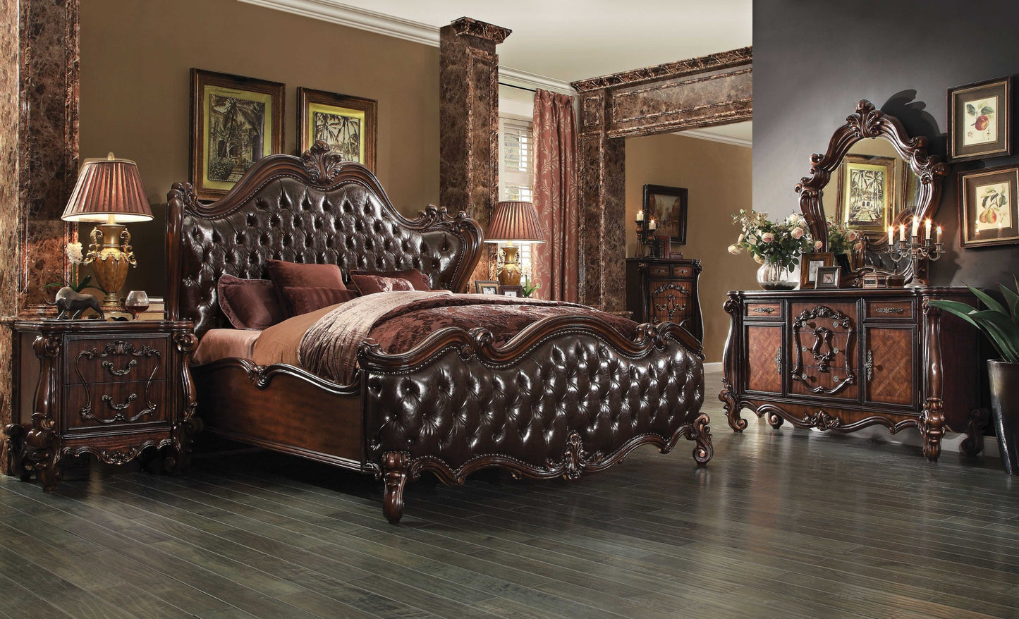 Solid Wood Queen Tufted Dark Brown Upholstered Faux Leather Bed With Nailhead Trim-6