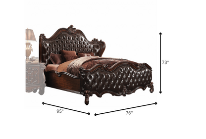 Solid Wood Queen Tufted Dark Brown Upholstered Faux Leather Bed With Nailhead Trim-8