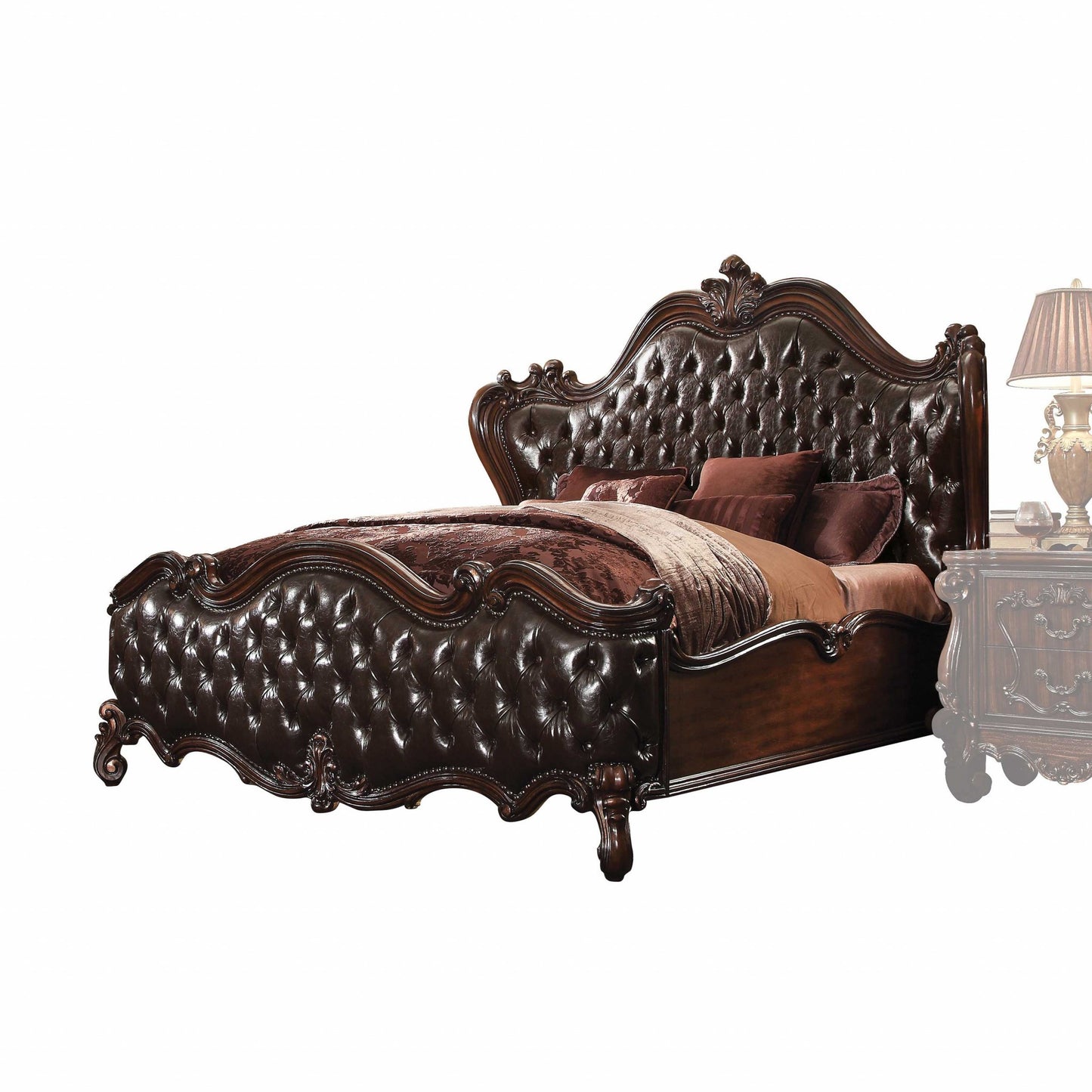 Solid Wood Queen Tufted Dark Brown Upholstered Faux Leather Bed With Nailhead Trim-3