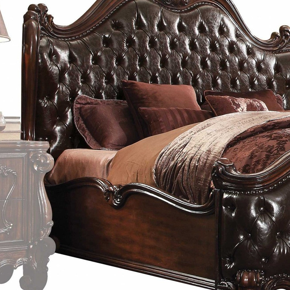 Solid Wood Queen Tufted Dark Brown Upholstered Faux Leather Bed With Nailhead Trim-5