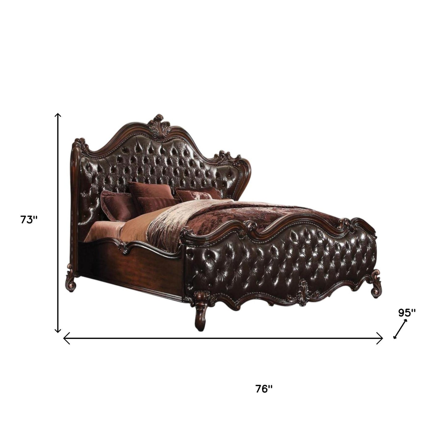 Solid Wood Queen Tufted Dark Brown Upholstered Faux Leather Bed With Nailhead Trim-7