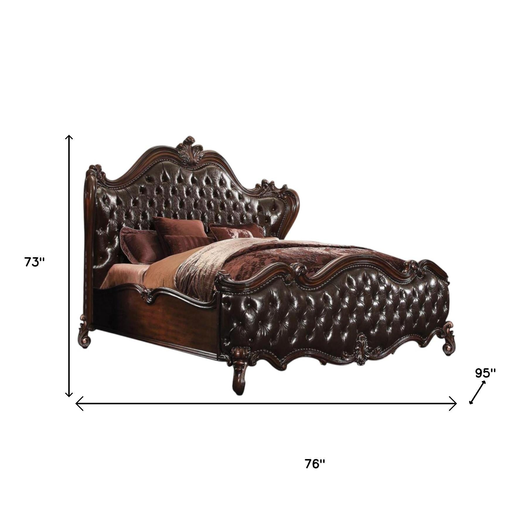 Solid Wood Queen Tufted Dark Brown Upholstered Faux Leather Bed With Nailhead Trim-7