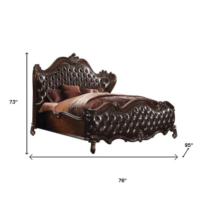Solid Wood Queen Tufted Dark Brown Upholstered Faux Leather Bed With Nailhead Trim-7