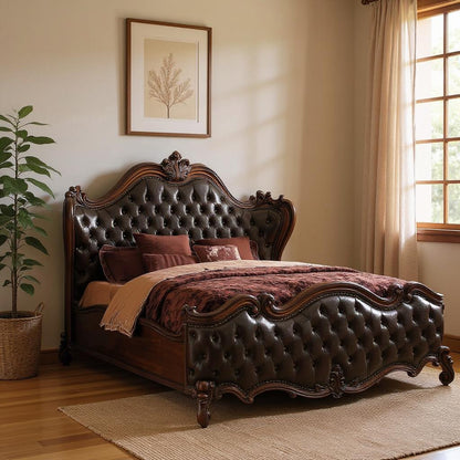 Solid Wood Queen Tufted Dark Brown Upholstered Faux Leather Bed With Nailhead Trim-0