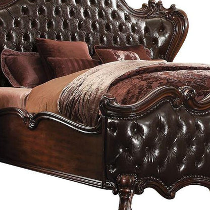 Solid Wood Queen Tufted Dark Brown Upholstered Faux Leather Bed With Nailhead Trim-4