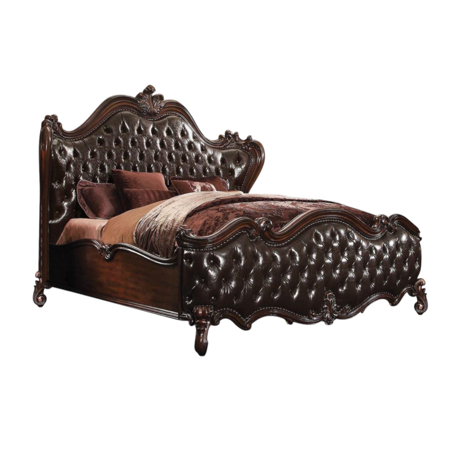 Solid Wood Queen Tufted Dark Brown Upholstered Faux Leather Bed With Nailhead Trim-1