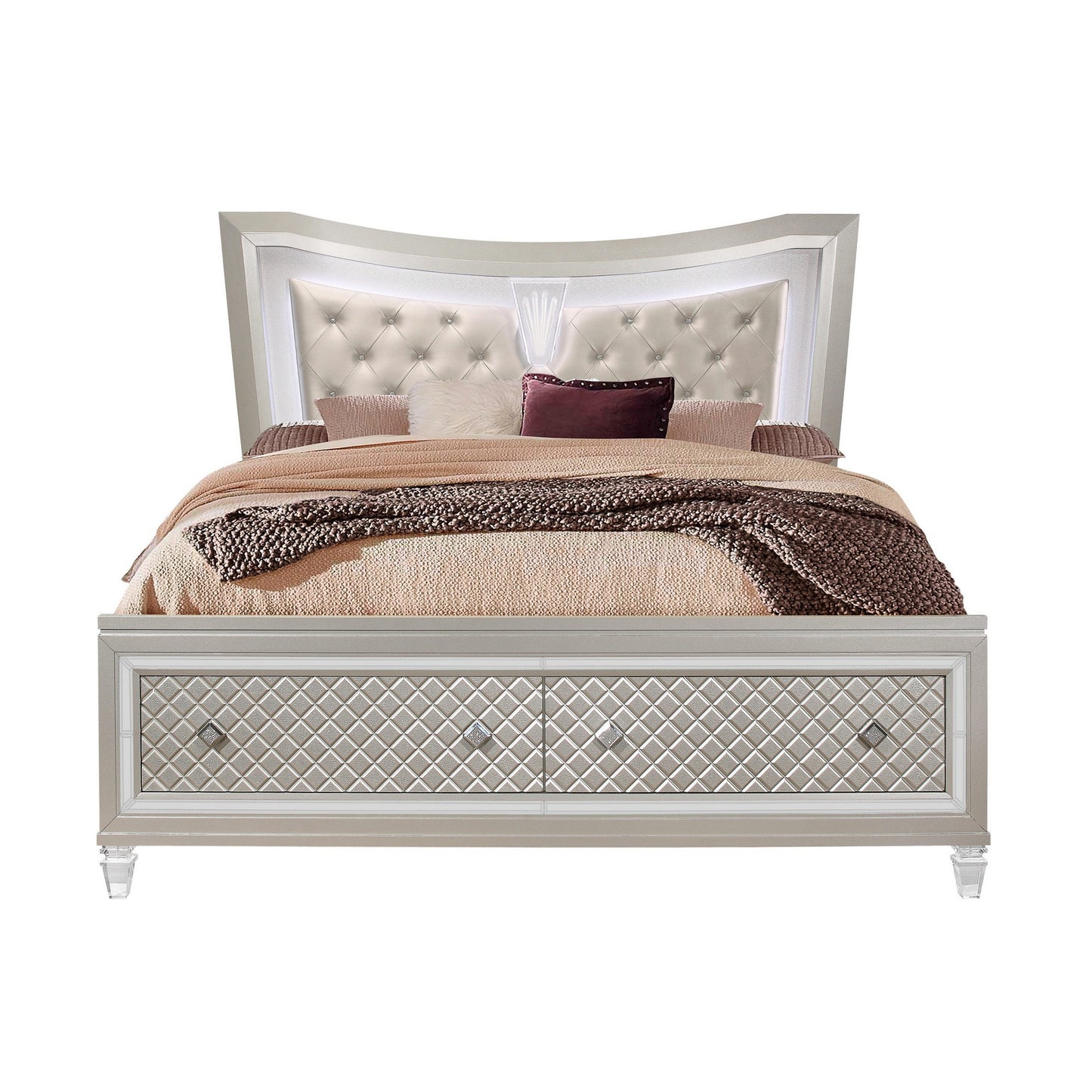 Champagne Tone Queen Bed With Padded Headboard  Led Lightning  2 Drawer-0