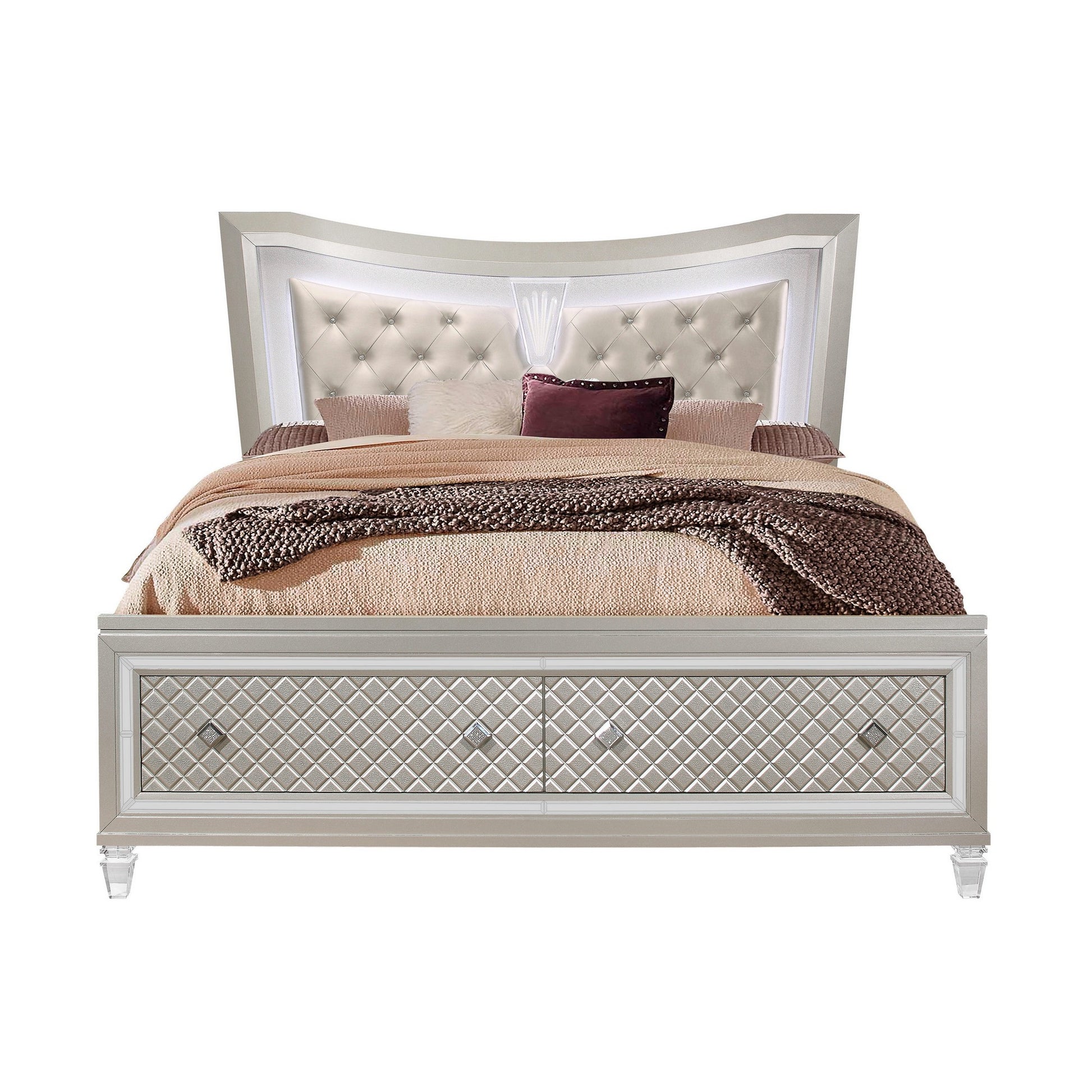 Champagne Tone Queen Bed With Padded Headboard  Led Lightning  2 Drawer-0