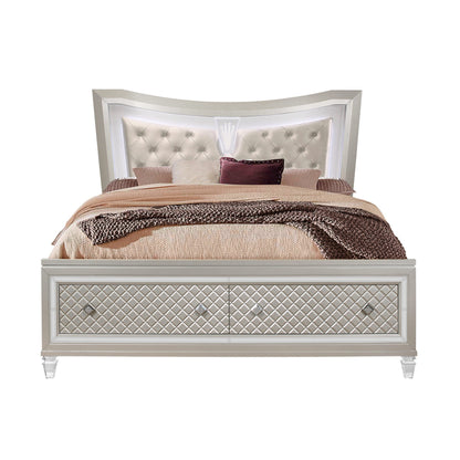 Champagne Tone Queen Bed With Padded Headboard  Led Lightning  2 Drawer-0