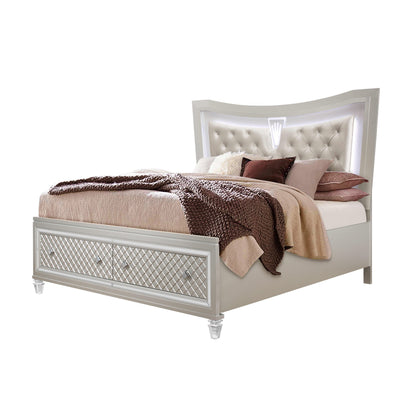 Champagne Tone Queen Bed With Padded Headboard  Led Lightning  2 Drawer-1
