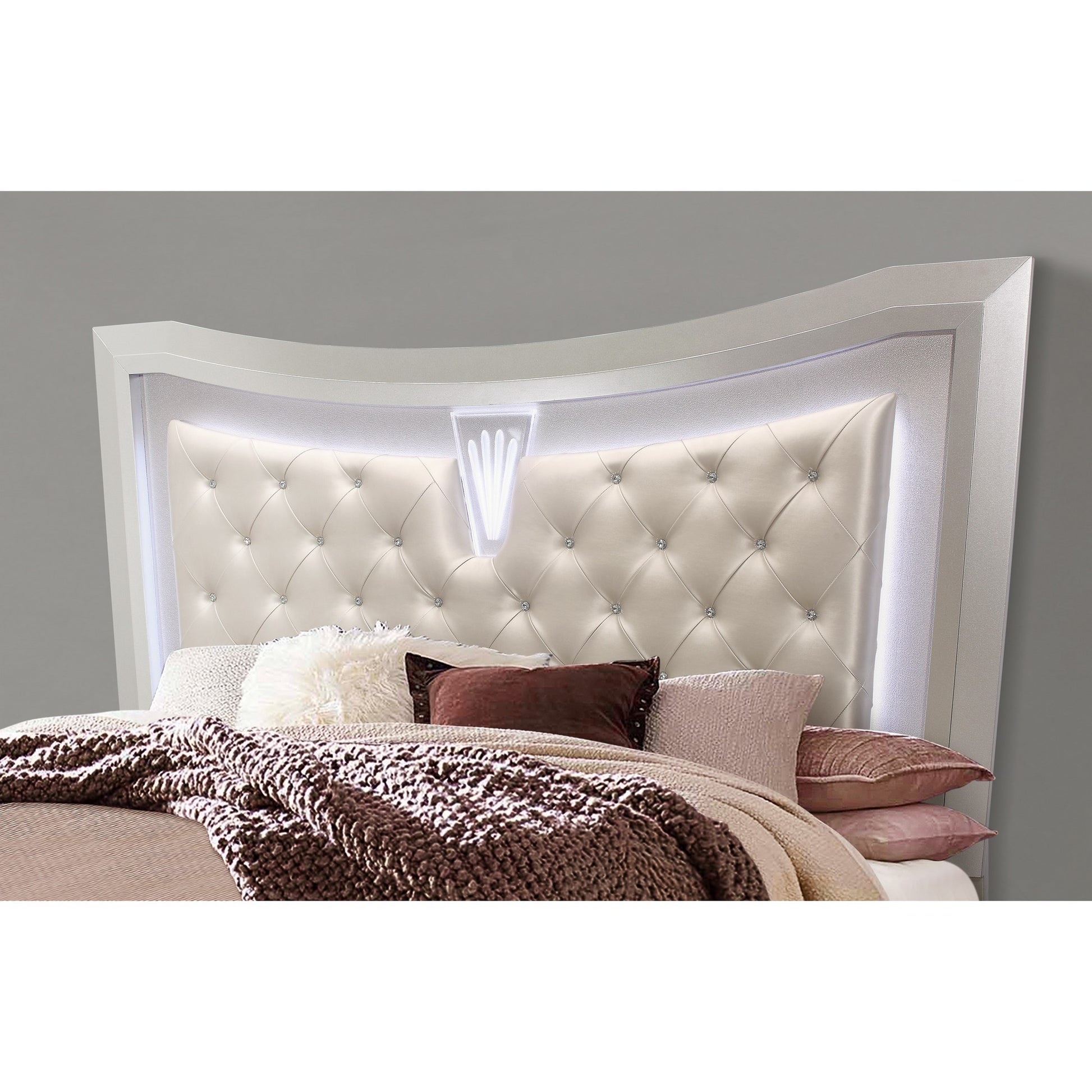 Champagne Tone Queen Bed With Padded Headboard  Led Lightning  2 Drawer-4