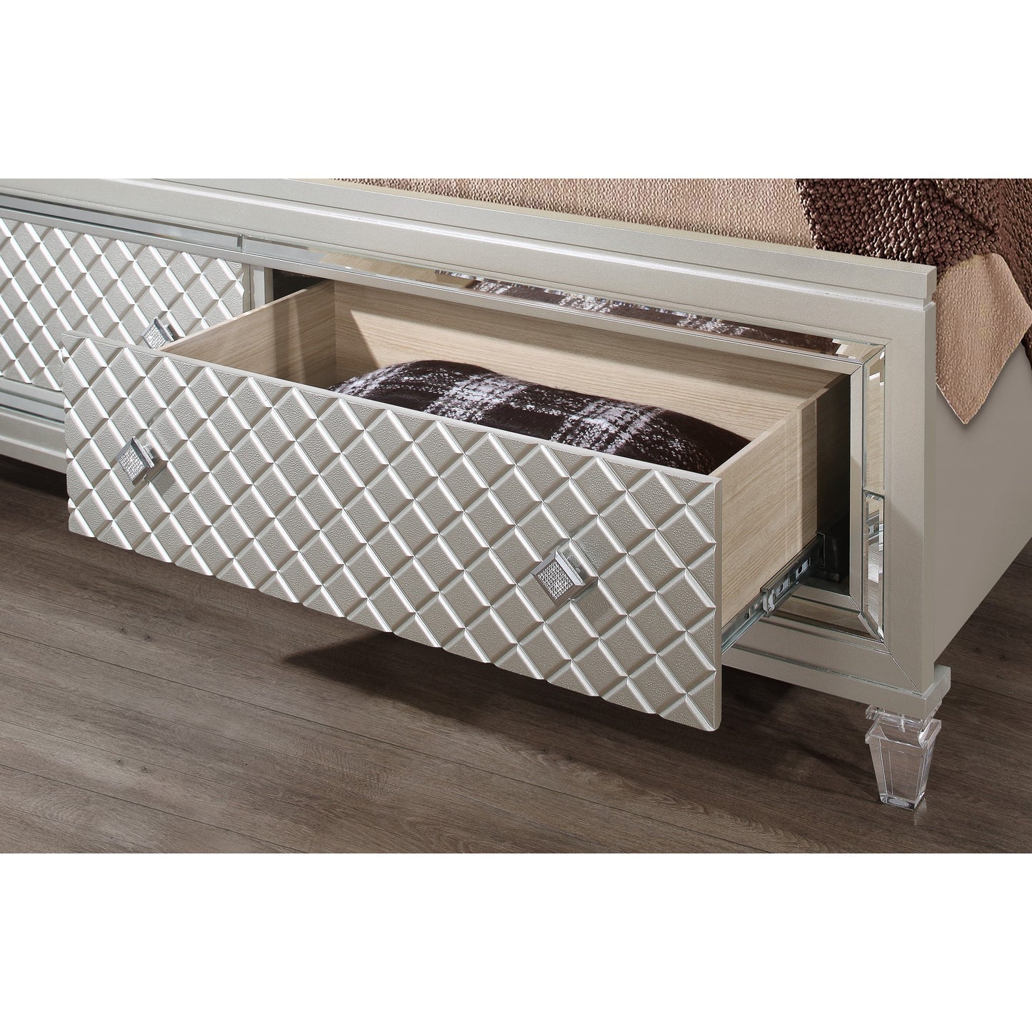Champagne Tone Queen Bed With Padded Headboard  Led Lightning  2 Drawer-5