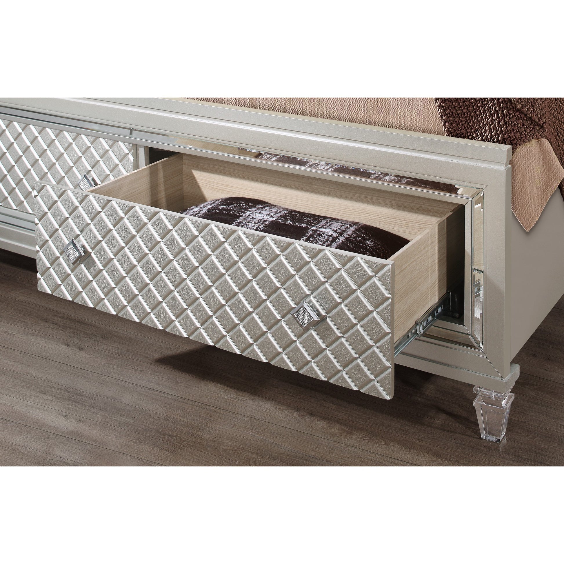 Champagne Tone Queen Bed With Padded Headboard  Led Lightning  2 Drawer-5