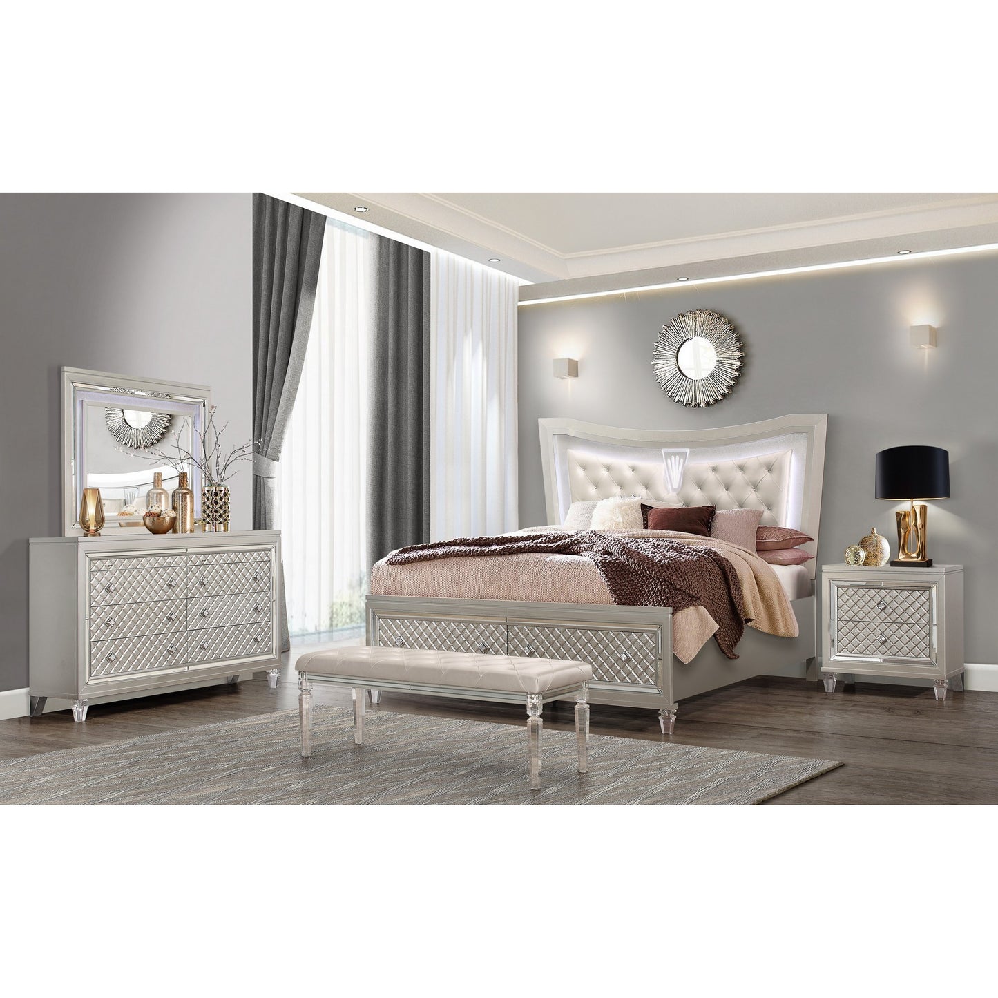 Champagne Tone Queen Bed With Padded Headboard  Led Lightning  2 Drawer-6