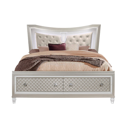 Champagne Tone Queen Bed With Padded Headboard  Led Lightning  2 Drawer-3