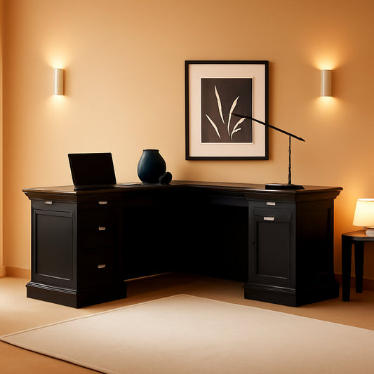 L Shape Home Office Desk With Large Drawers Wind Oak Finish