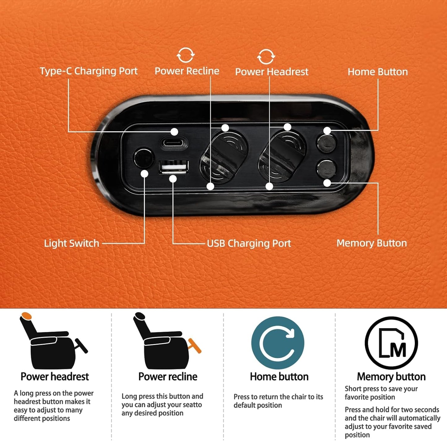 Orange Top-Grain Leather 3-Seat Home Theater Recliner Row – Power Recline with USB Ports, LED Cup Holders & Memory Foam