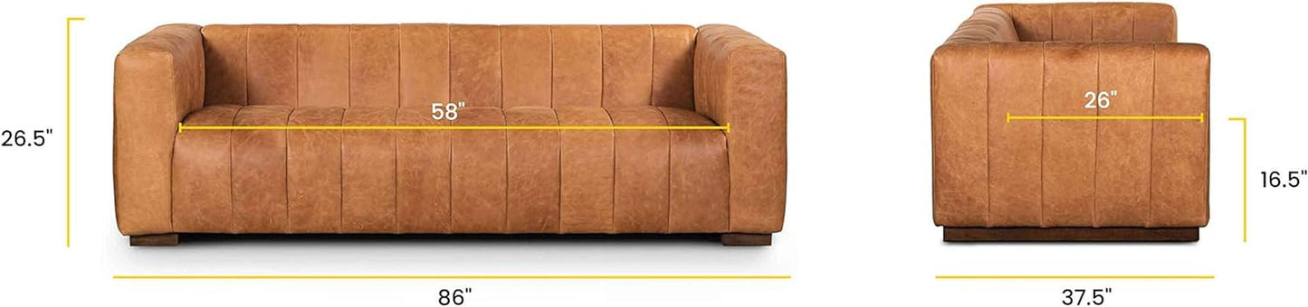 Canale 86-Inch Cognac Tan Italian Leather Sofa – Full-Grain Channel-Tufted Luxury Couch with Solid Wood Frame