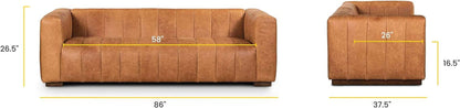 Canale 86-Inch Cognac Tan Italian Leather Sofa – Full-Grain Channel-Tufted Luxury Couch with Solid Wood Frame