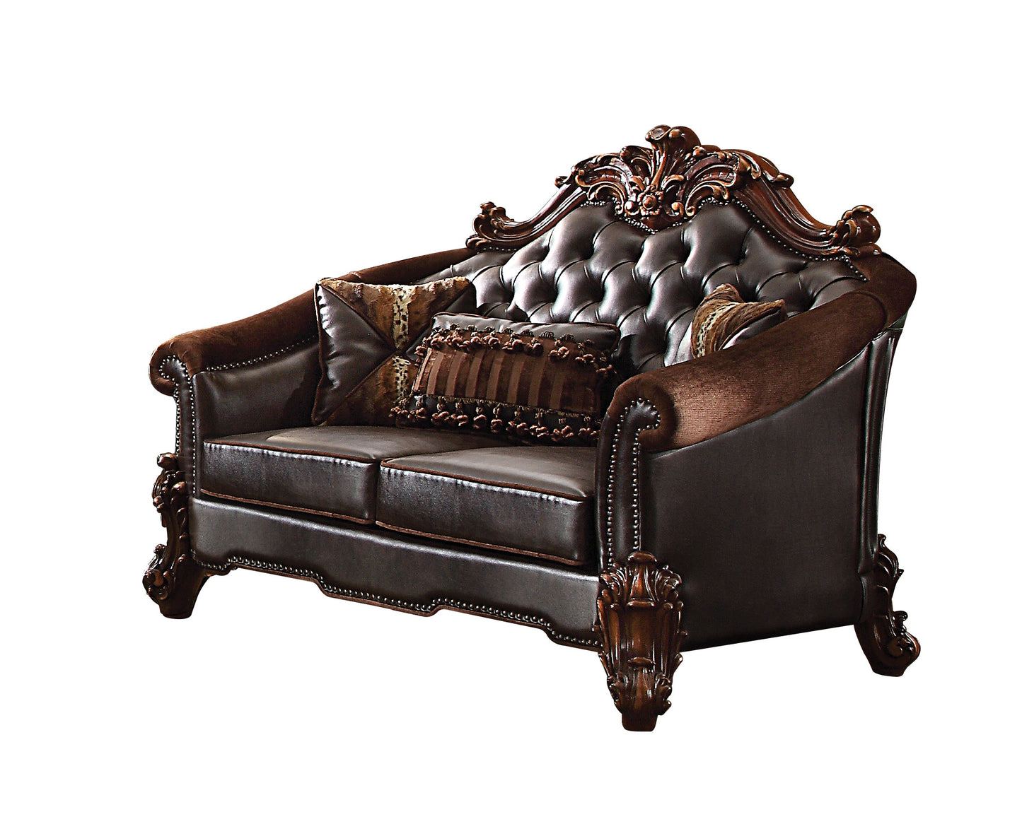 66" Brown And Dark Brown Chenille And Faux Leather Loveseat and Toss Pillows-1