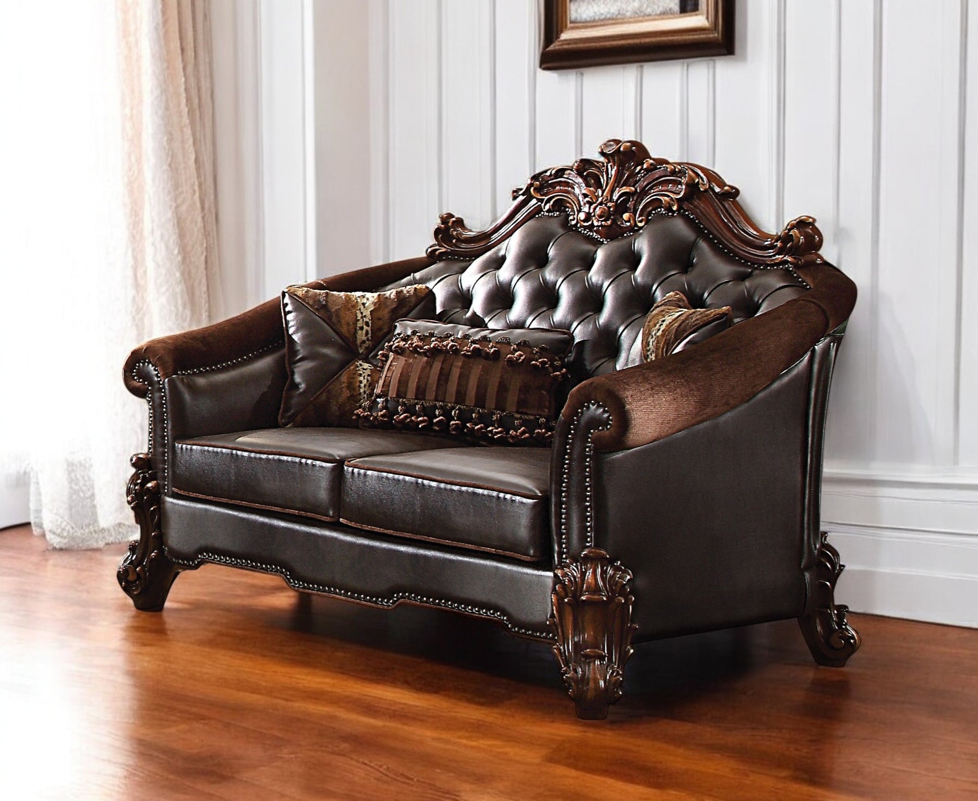 66" Brown And Dark Brown Chenille And Faux Leather Loveseat and Toss Pillows-0