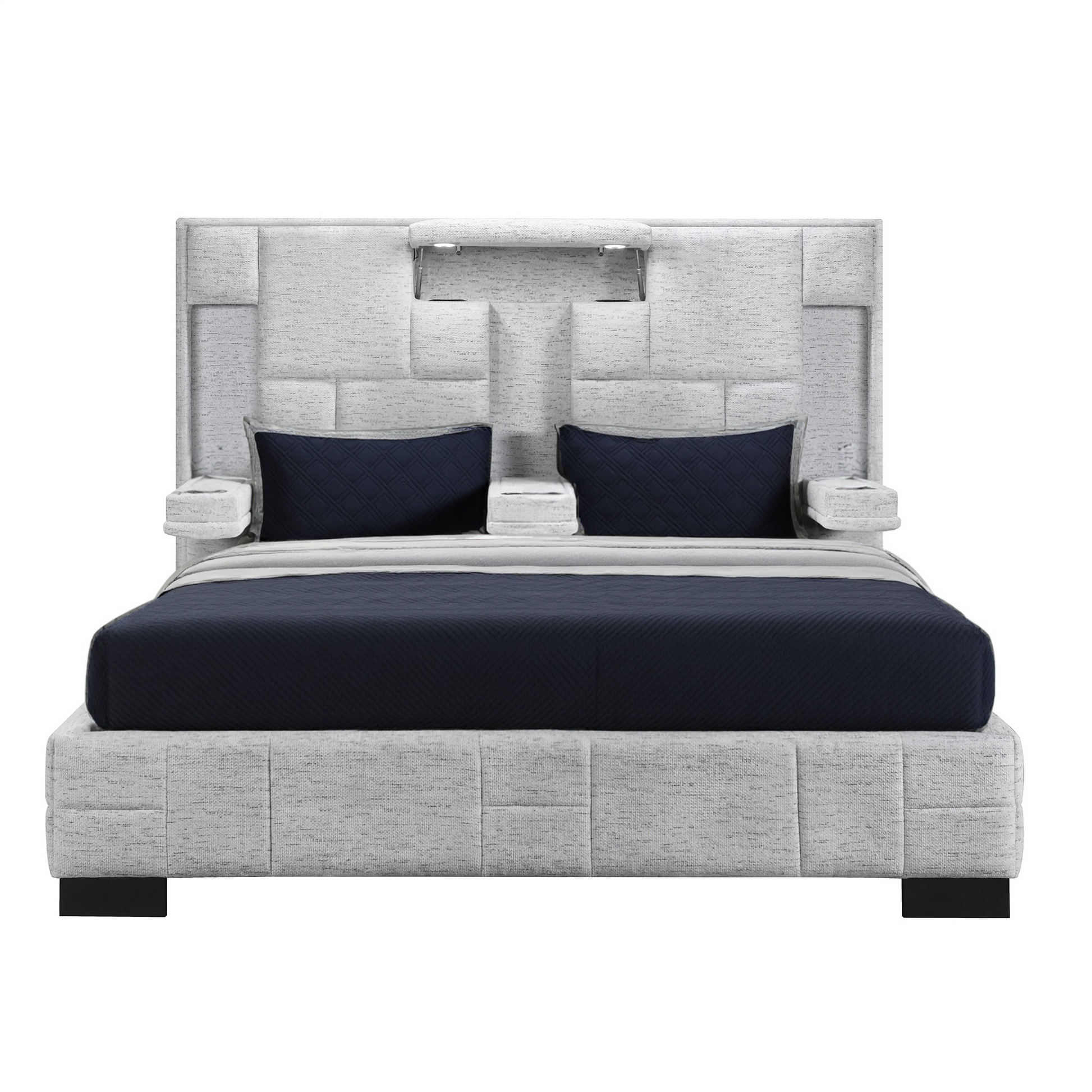 Black and Gray And Upholstered Lighted Queen Bed Frame with USB-1