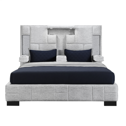 Black and Gray And Upholstered Lighted Queen Bed Frame with USB-1