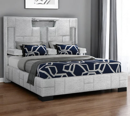 Black and Gray And Upholstered Lighted Queen Bed Frame with USB-0