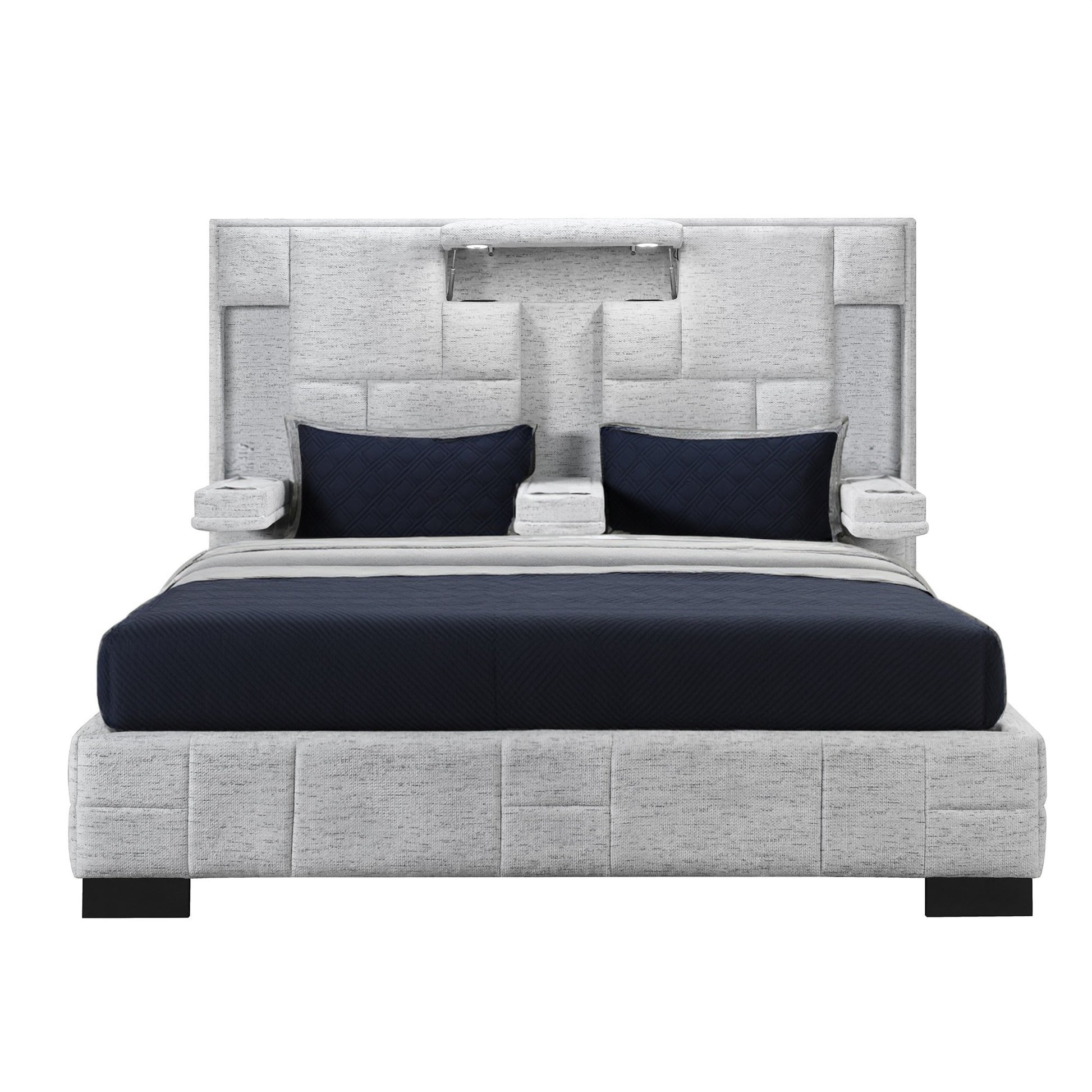 Black and Gray And Upholstered Lighted Queen Bed Frame with USB-3