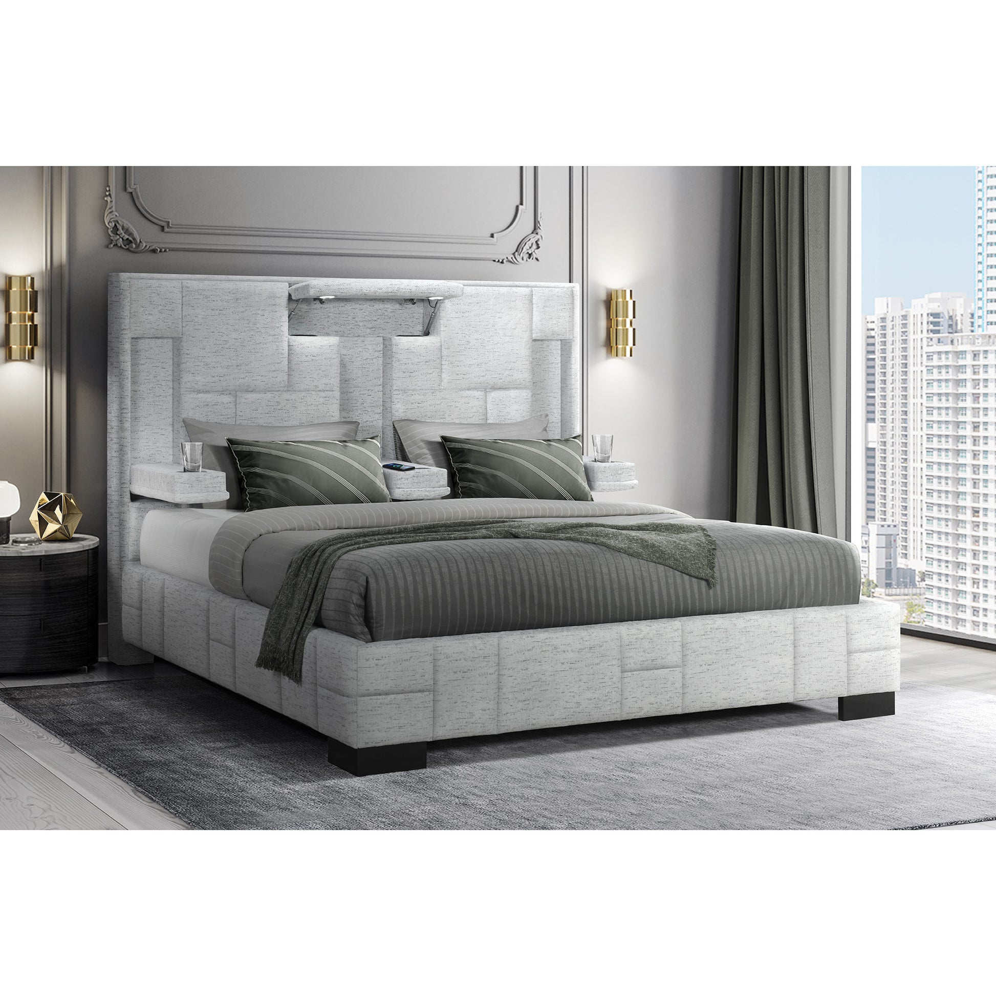 Black and Gray And Upholstered Lighted Queen Bed Frame with USB-4