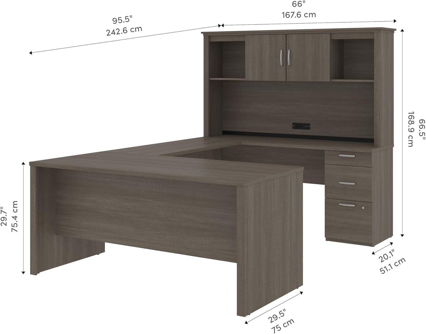 66-Inch Bark Grey U/L Executive Desk with Hutch – Flexible U-Shaped Home Office Workstation with Pedestal Drawers