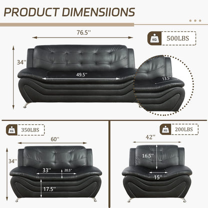 3 Piece Faux Leather Sofa Set For Living Room - Office Waiting Room - Black 3 Seater Sofa Loveseat Armchair