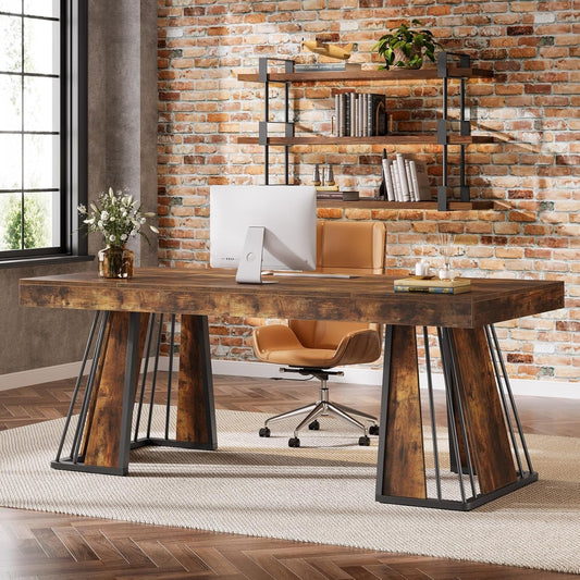 70.9" Computer Desk, Large Executive Desk with Unique Legs, Industrial Workstation Conference Table for Office, Study, Rustic Brown-0