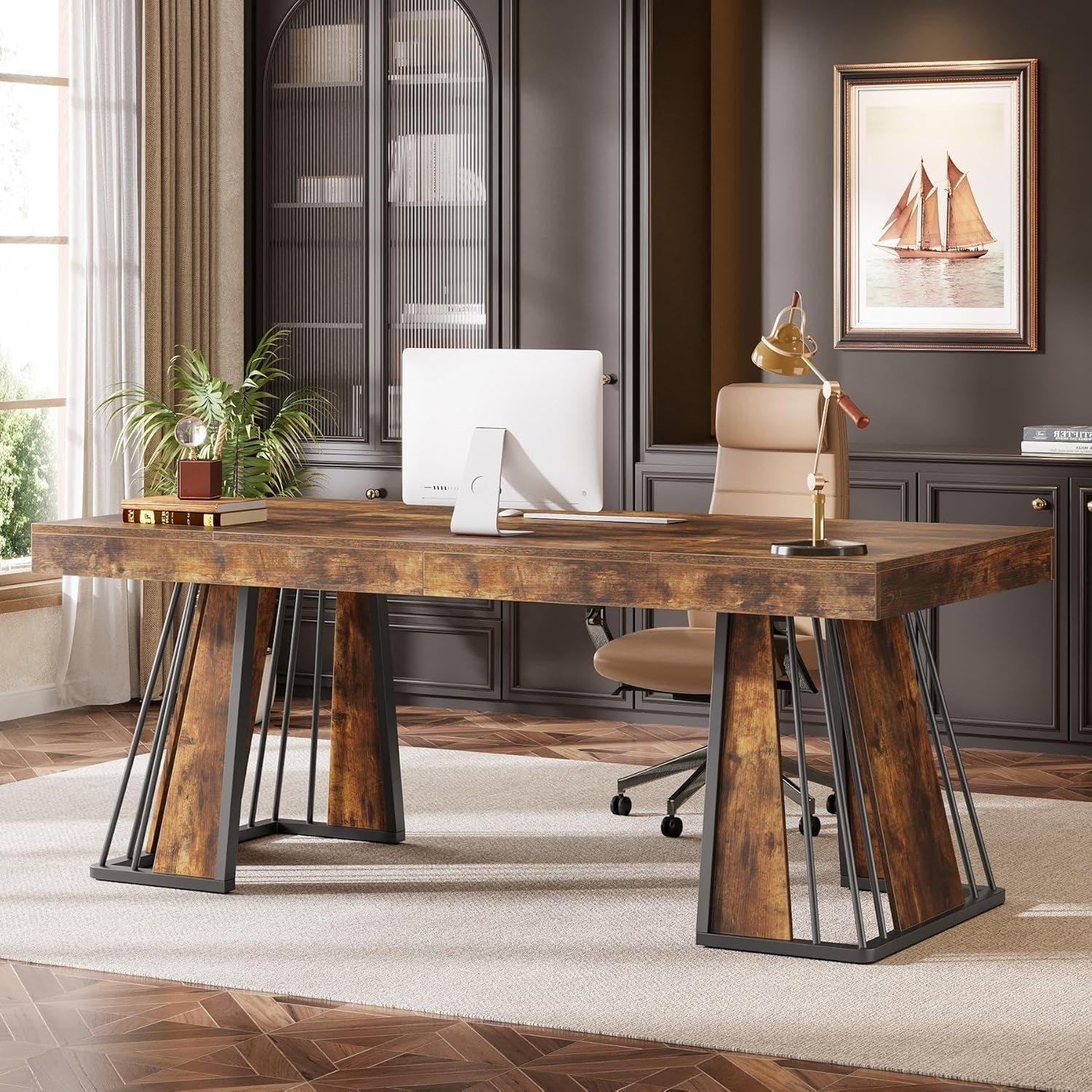 70.9" Computer Desk, Large Executive Desk with Unique Legs, Industrial Workstation Conference Table for Office, Study, Rustic Brown-2