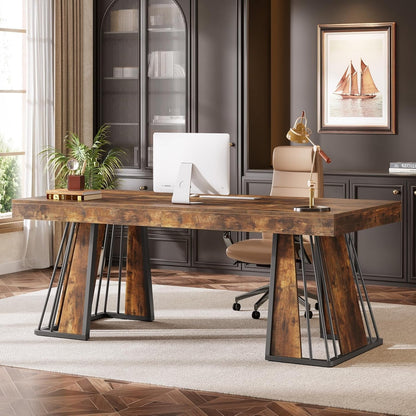 70.9" Computer Desk, Large Executive Desk with Unique Legs, Industrial Workstation Conference Table for Office, Study, Rustic Brown-2
