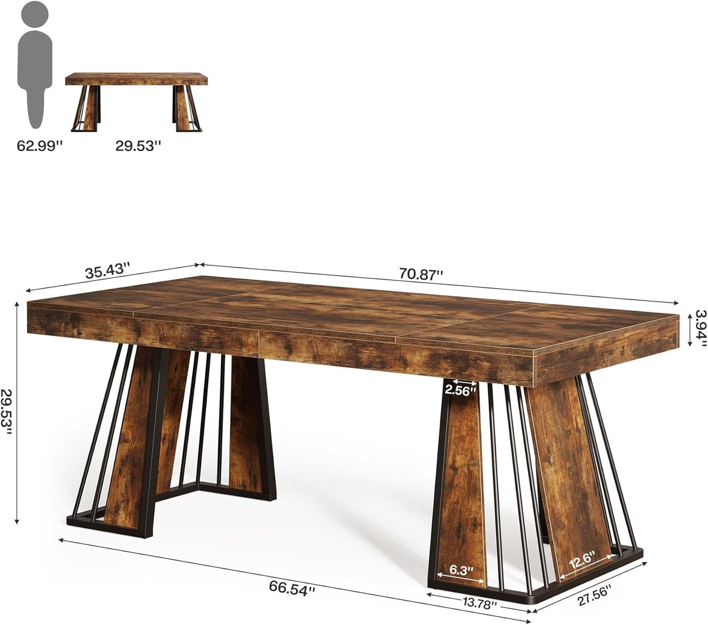 70.9" Computer Desk, Large Executive Desk with Unique Legs, Industrial Workstation Conference Table for Office, Study, Rustic Brown-1