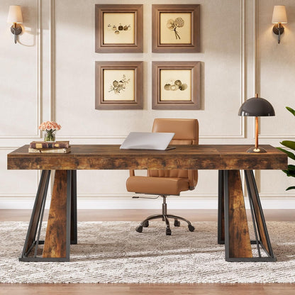 70.9" Computer Desk, Large Executive Desk with Unique Legs, Industrial Workstation Conference Table for Office, Study, Rustic Brown-3
