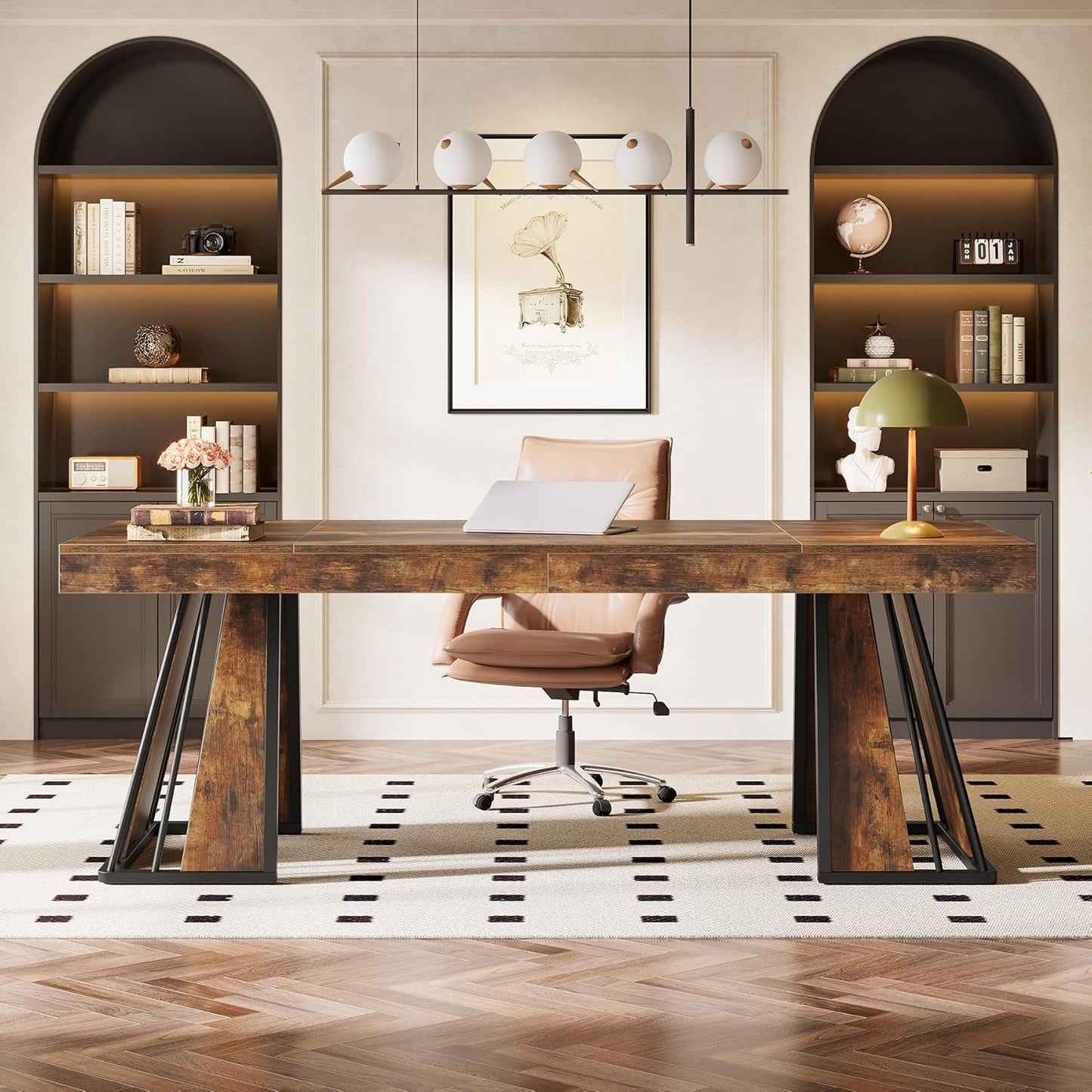 70.9" Computer Desk, Large Executive Desk with Unique Legs, Industrial Workstation Conference Table for Office, Study, Rustic Brown-4