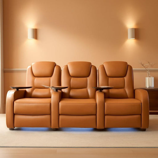 Orange Top-Grain Leather 3-Seat Home Theater Recliner Row – Power Recline with USB Ports, LED Cup Holders & Memory Foam